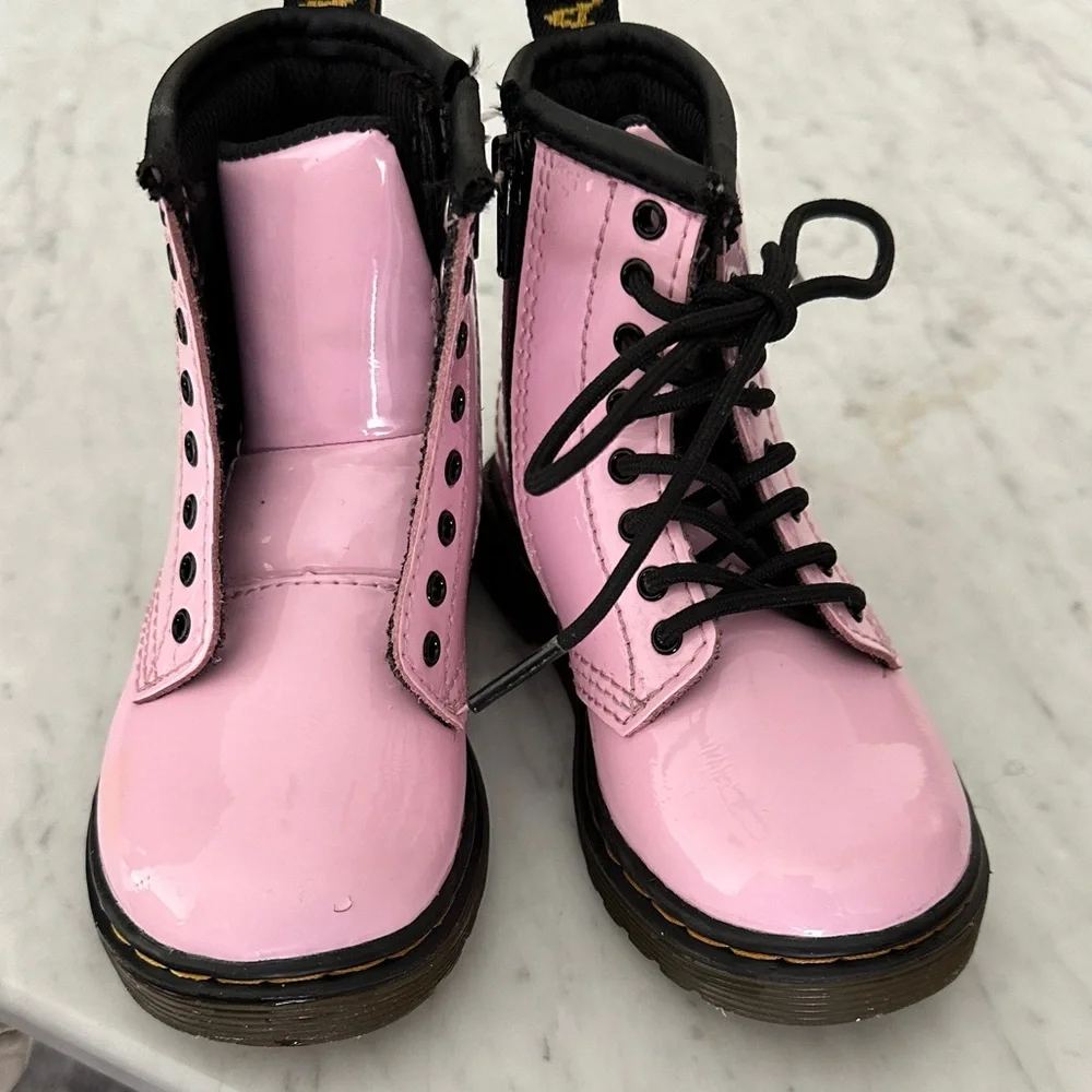 Dr. Martens Pink Patent Lace-Up Side Zip Boots